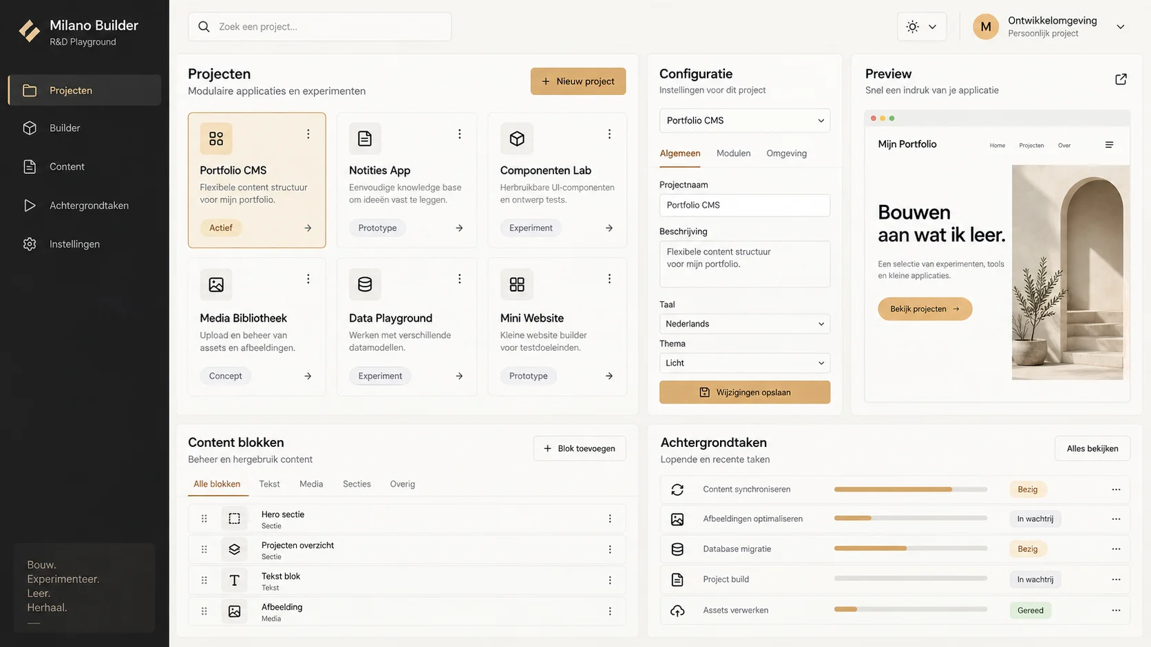 Dashboard van Milano Builder met projecten, configuratie en achtergrondtaken